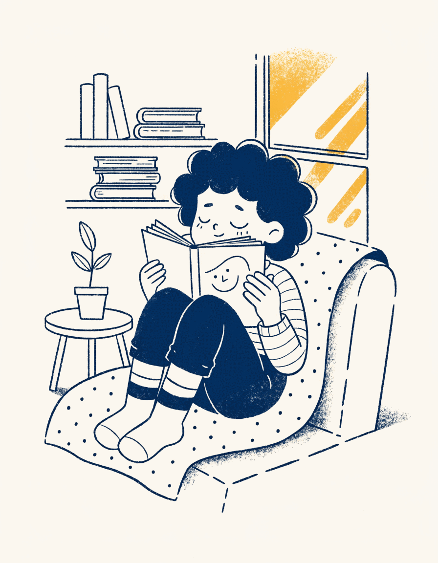 An illustration of a child reading happily in a cosy armchair by a sunlit window